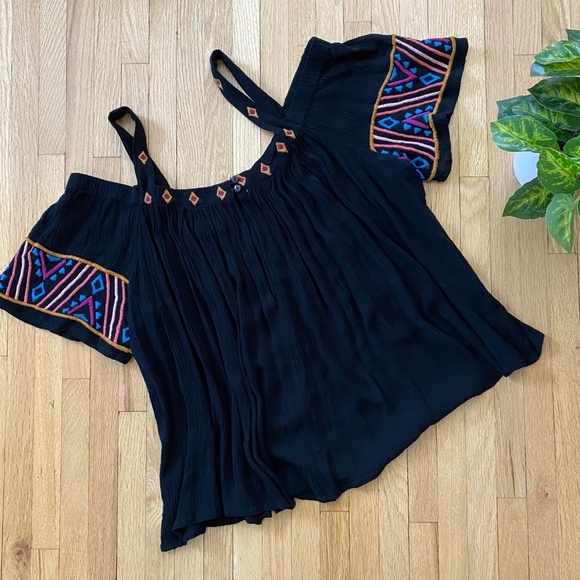Japna Off the Shoulder with Straps Black Embroidered Boho Top Size M - Picture 9 of 9